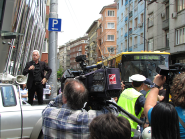 Ataka’s leader Volen Siderov giving a speech in front of the European Commission in Sofia, Bulgaria in 2014.